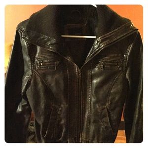 Brown faux leather bomber jacket